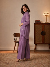 Lavender 3-Piece Co-ord Set with Decorative Placket & Wide-Leg Pants in Mul Chanderi
