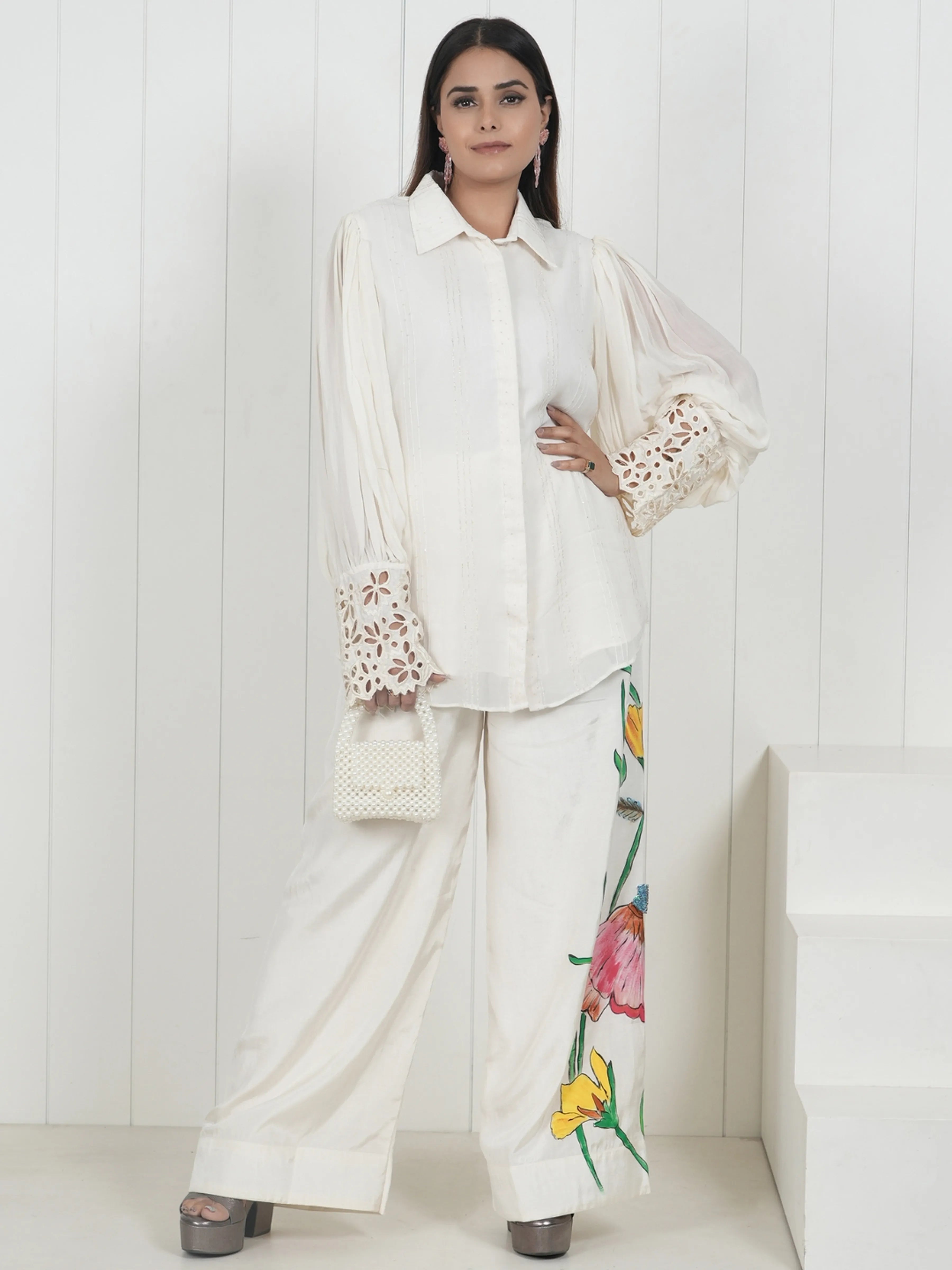 Embroidered Wide Leg Trouser Co-Ord Set With Belt