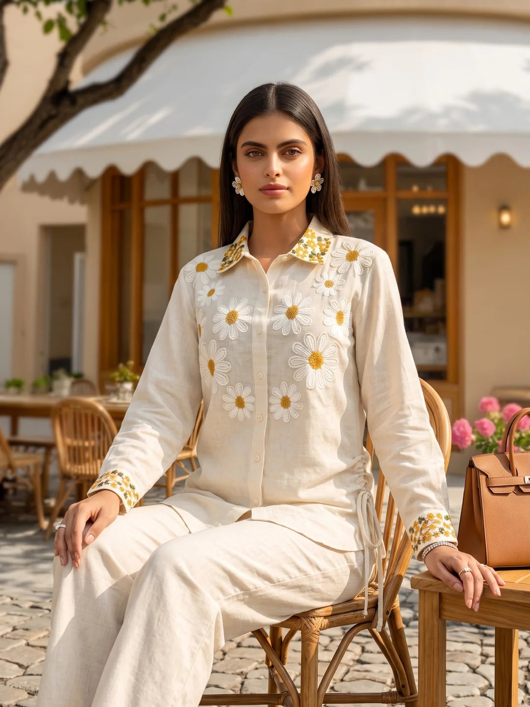 Organic White 2 Piece Co-ord Set with White Daisy Floral Embroidery in Cotton Flex