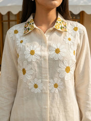 Organic White 2 Piece Co-ord Set with White Daisy Floral Embroidery in Cotton Flex