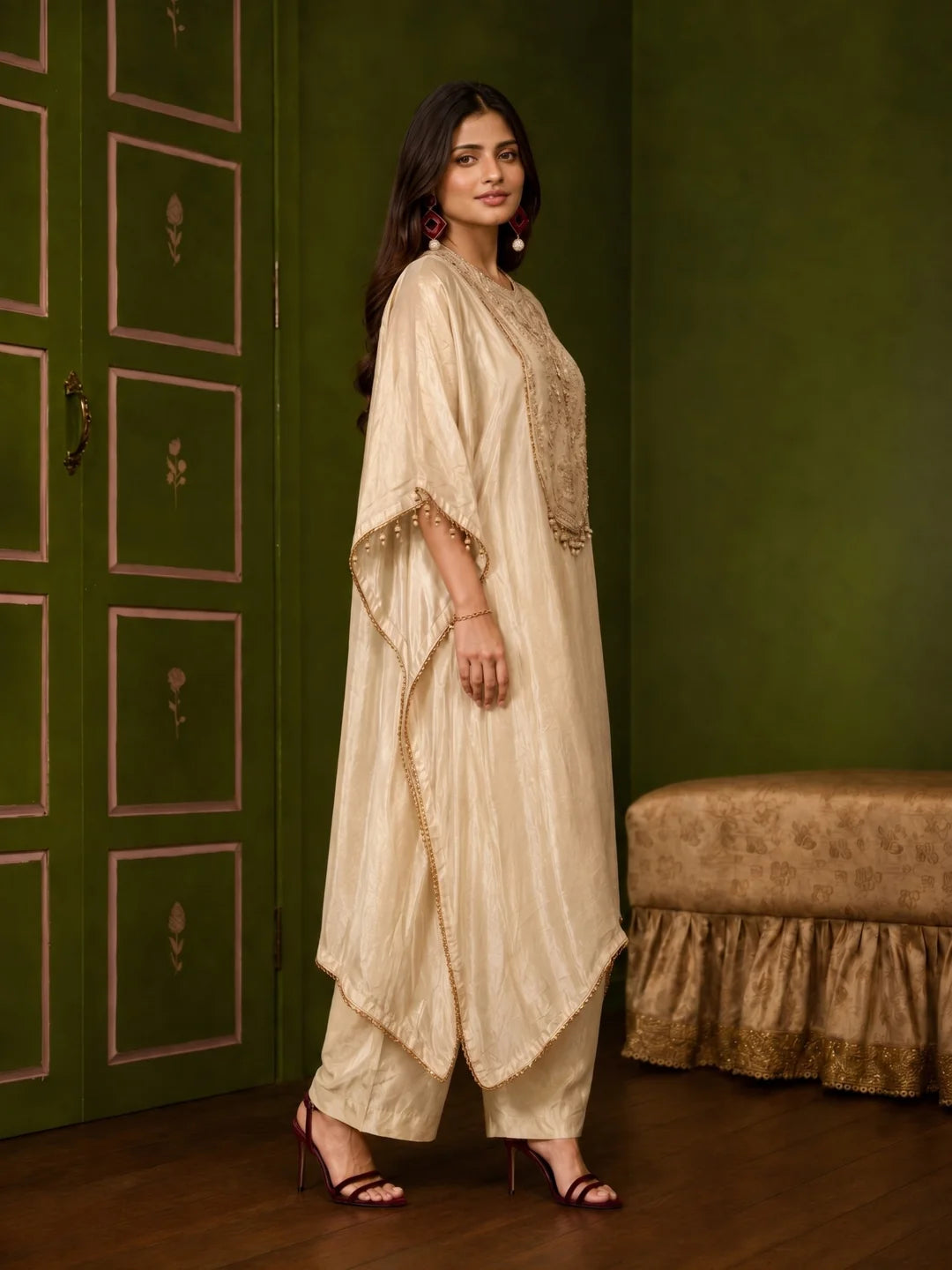 Champagne 3 Piece Kurta Set with Tonal Gold Embroidery in Tissue