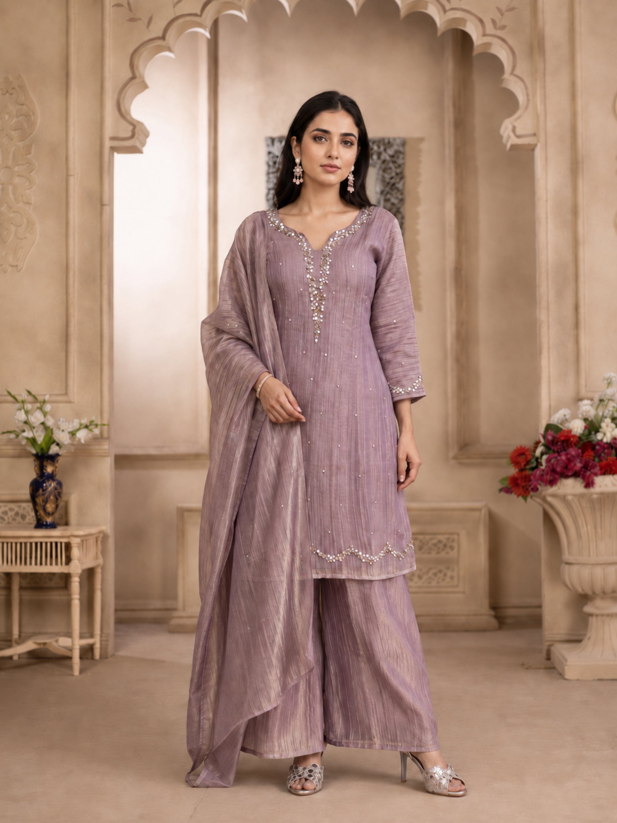 Dusty Mauve Shimmer 3-Piece Kurta Set with Sequin Detailing in Crushed Tissue