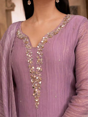 Dusty Mauve Shimmer 3-Piece Kurta Set with Sequin Detailing in Crushed Tissue