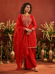 Red Multicolour Embroidered Yoke Kurta Set with Dupatta in Organza Silk