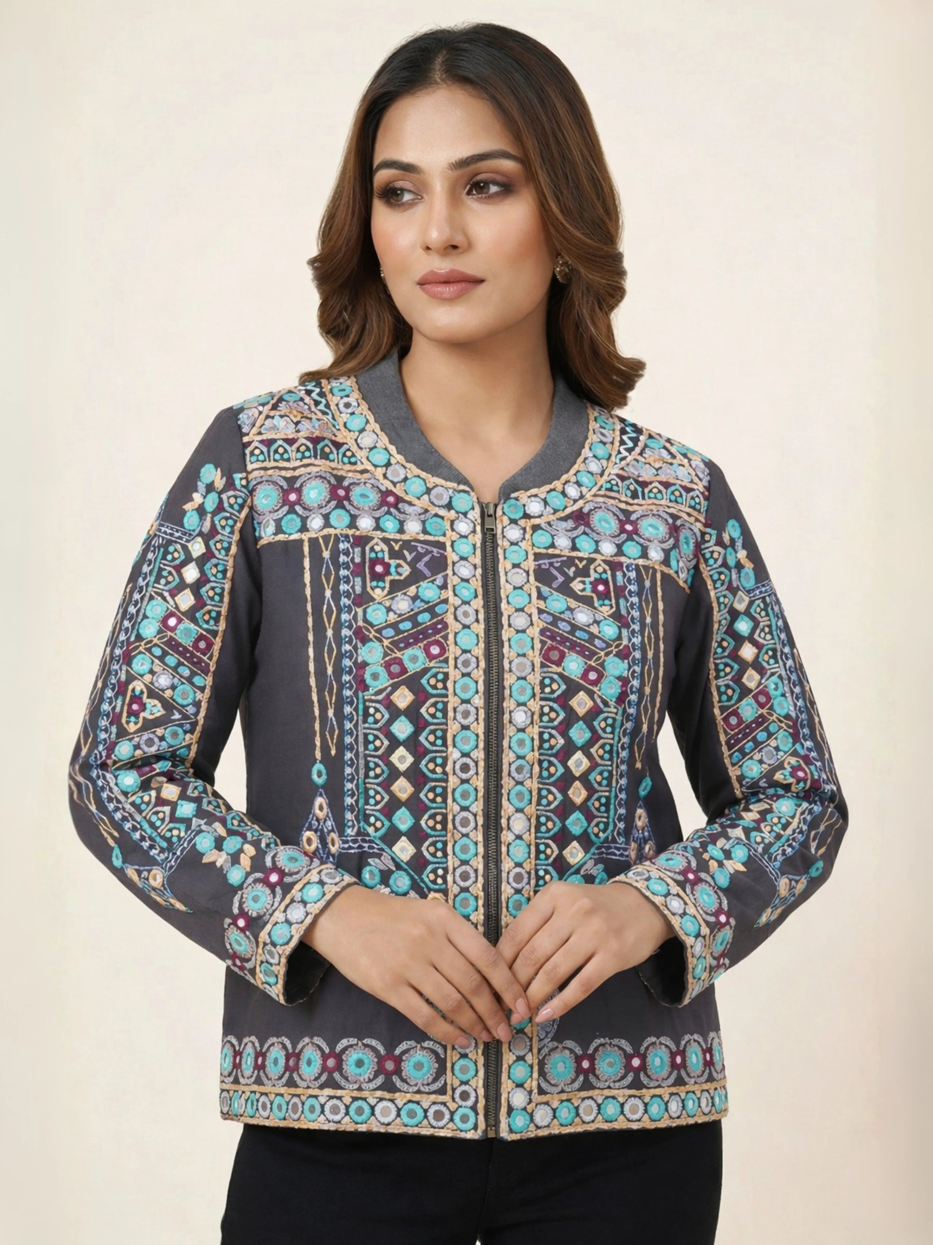 Multicolored Embroidered Cotton Bomber Jacket