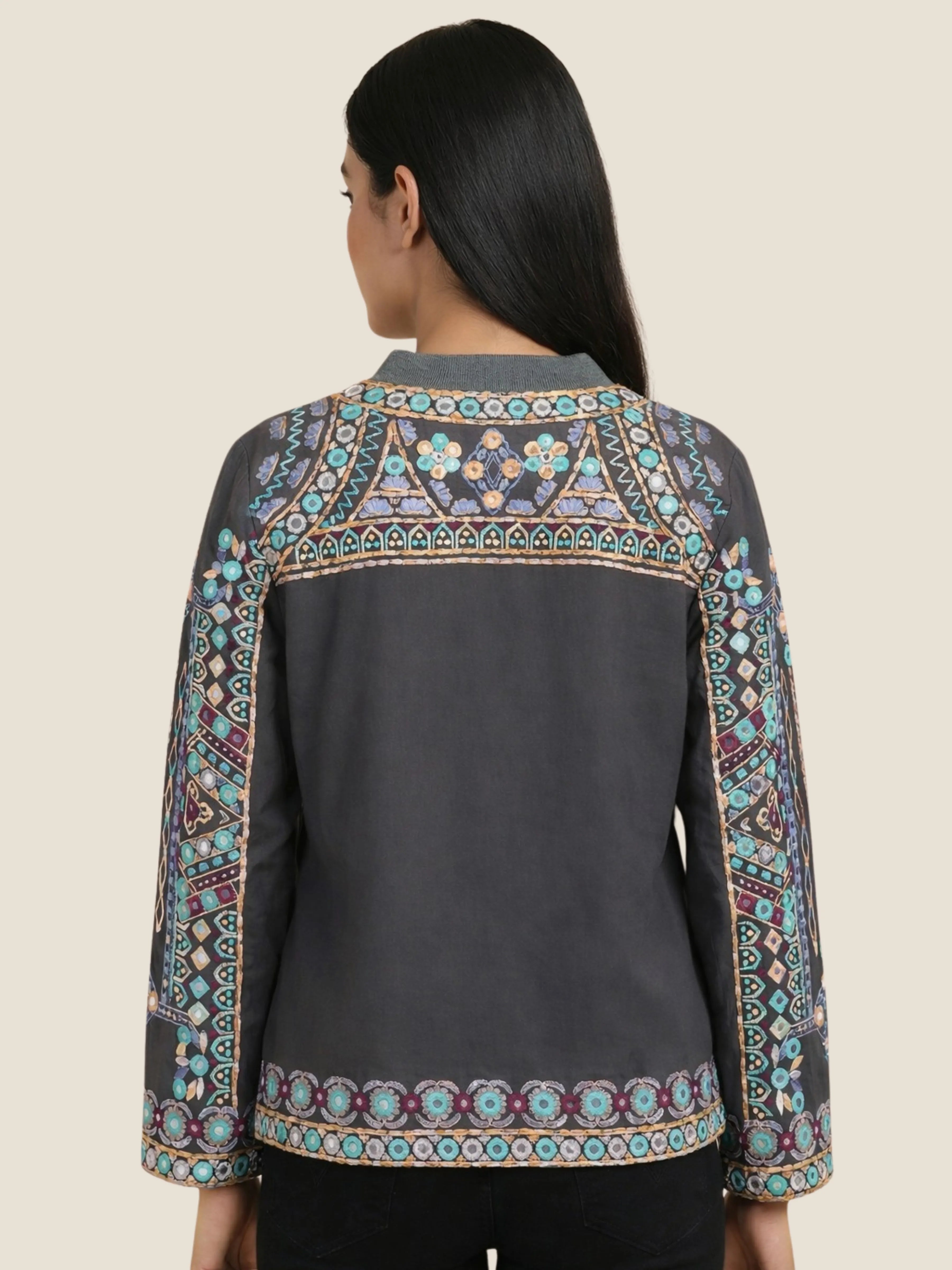 Multicolored Embroidered Cotton Bomber Jacket