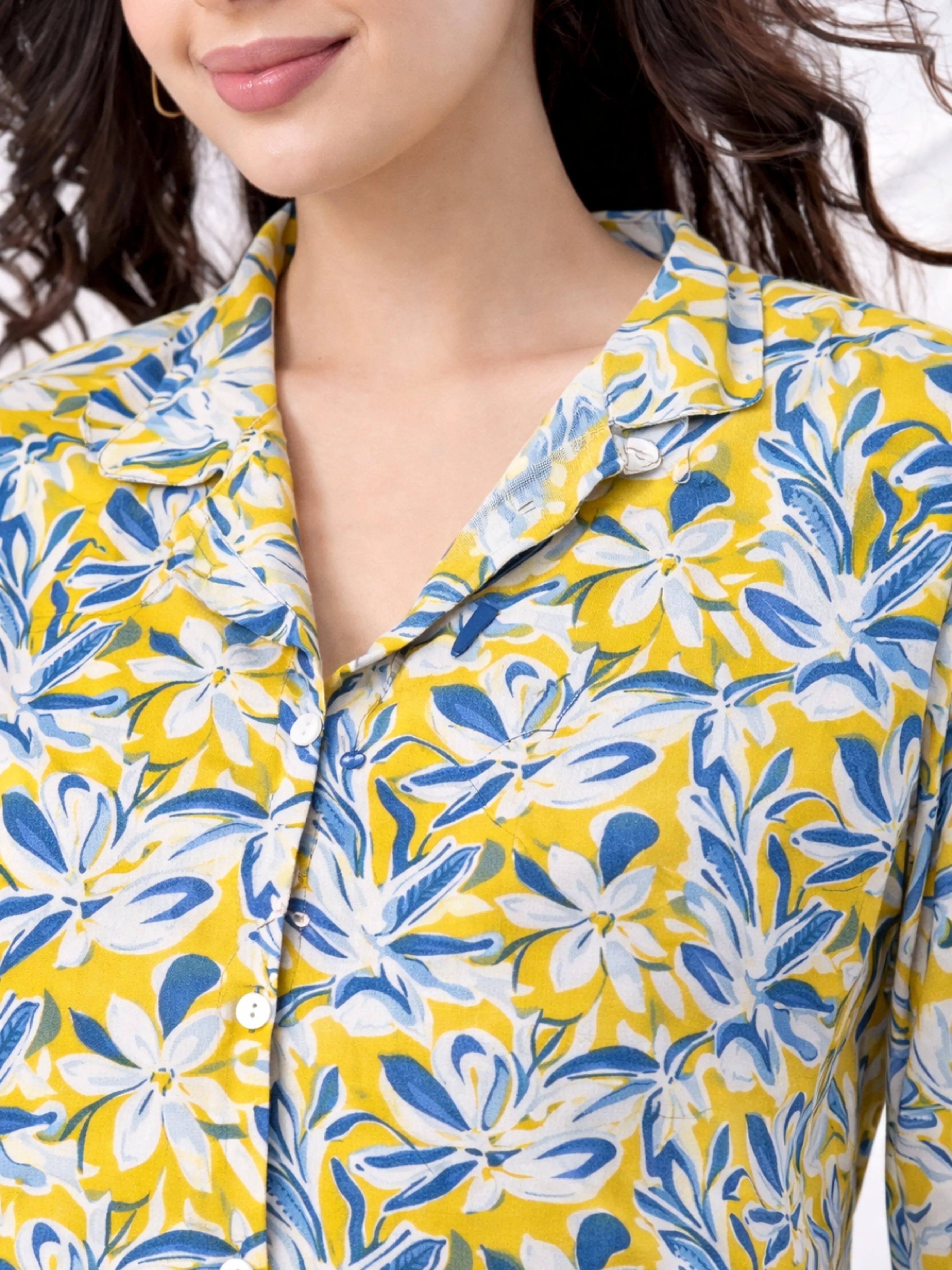 Yellow Floral Shirt Collar Cotton Shorts Co-ord Set