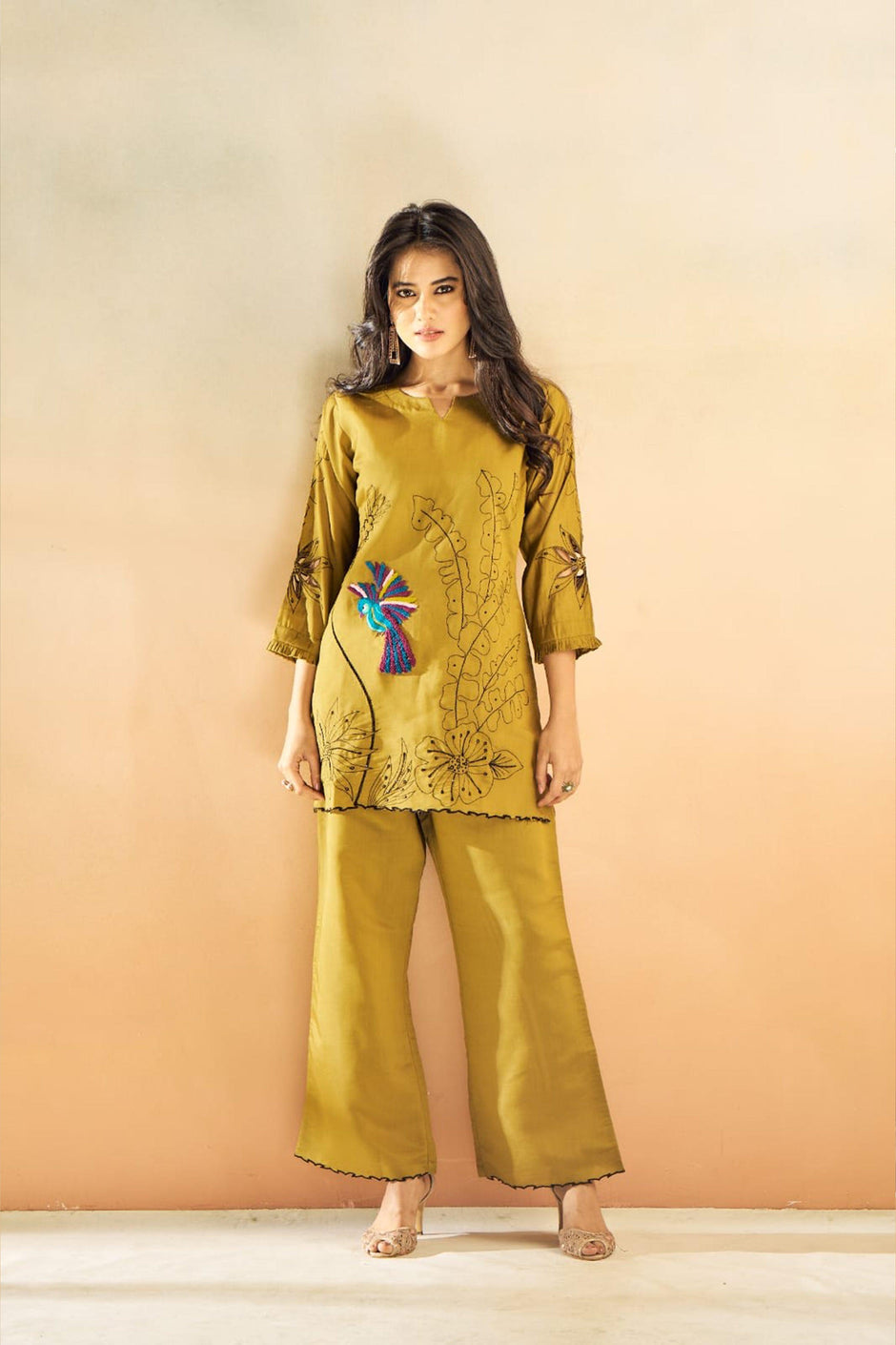 Kabir Mustard Embroidery  Co-ord Set