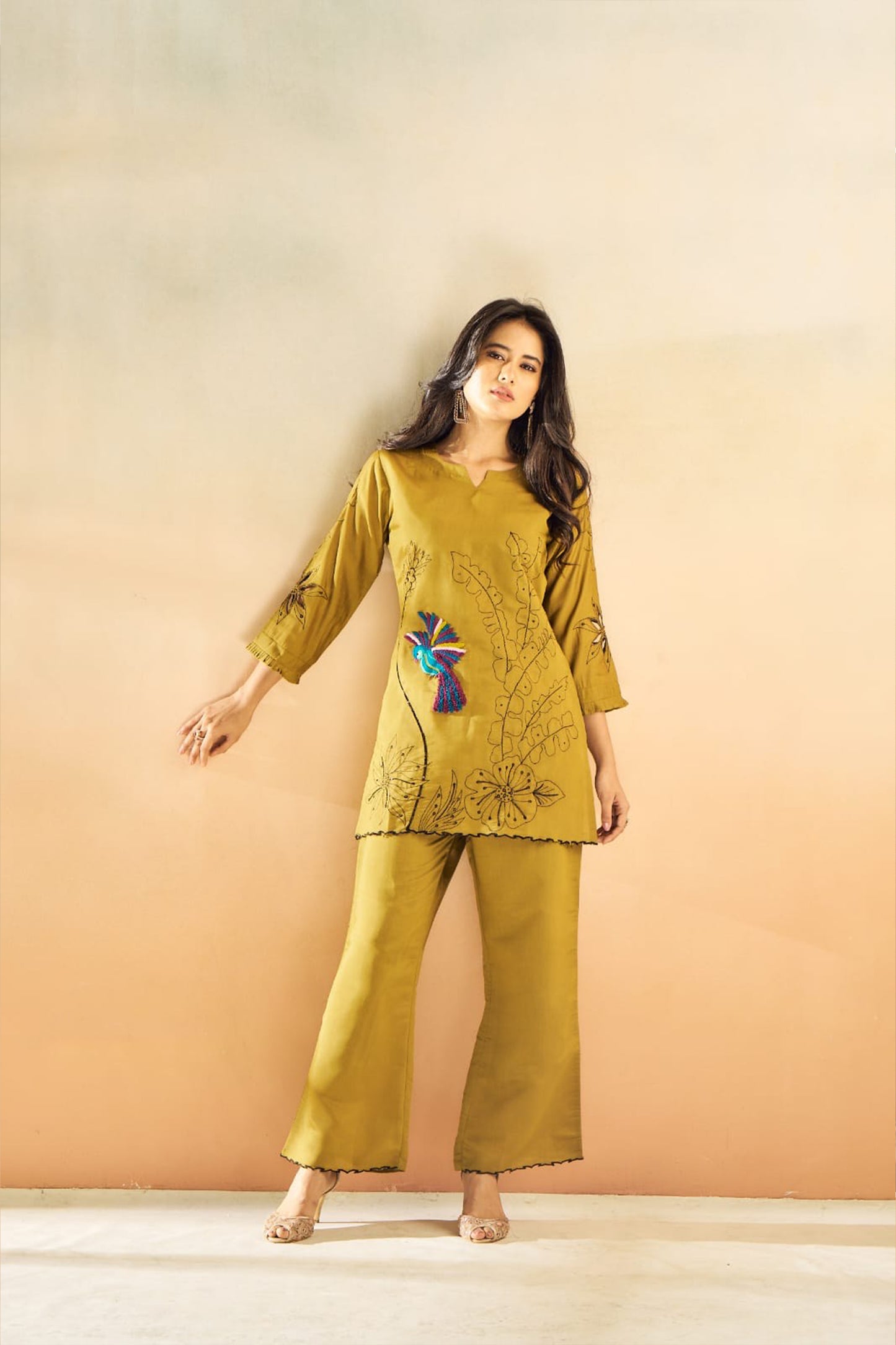 Mustard Green Embroidered Tunic Set With Cut Work