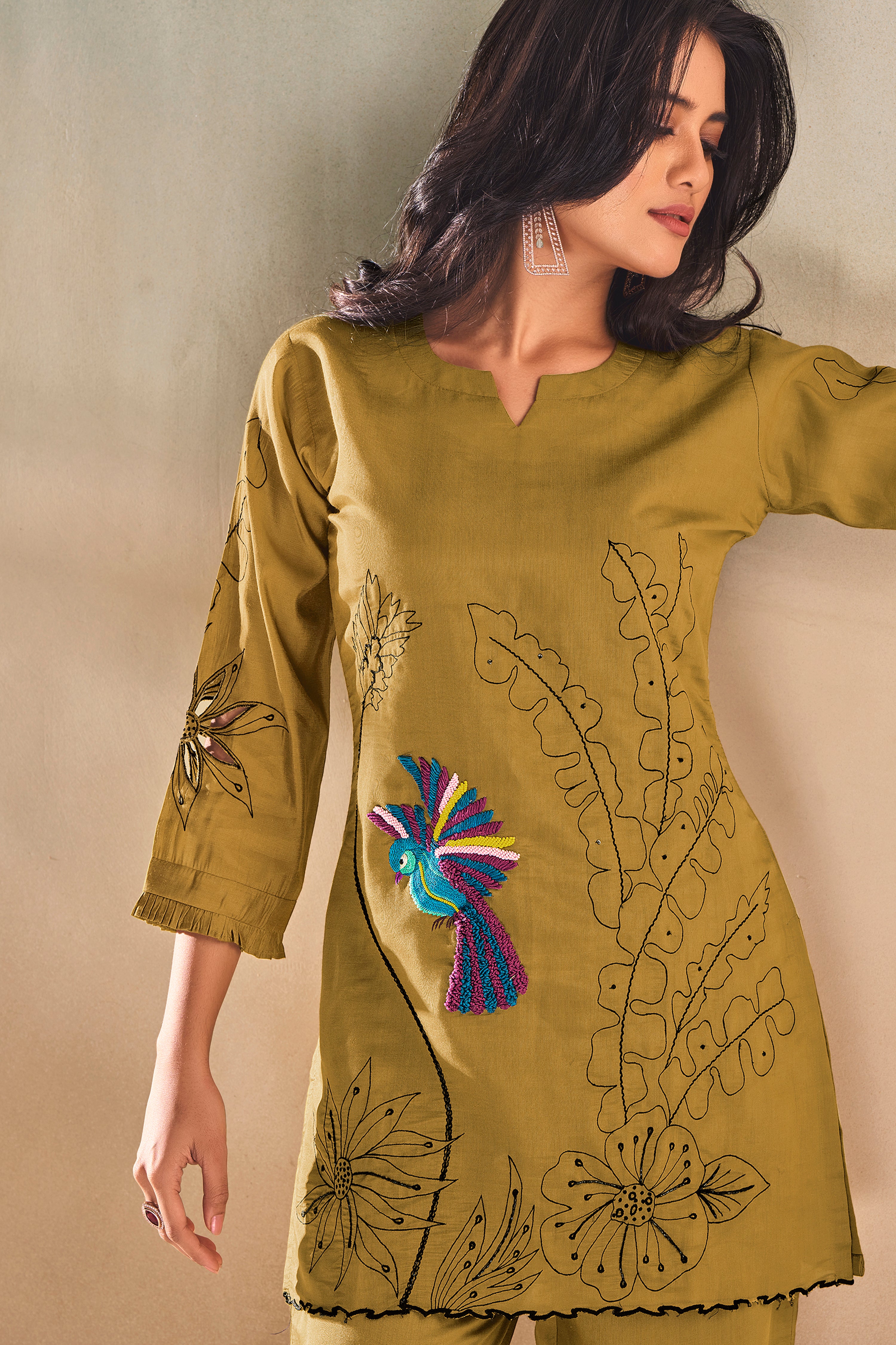 Mustard Green Embroidered Tunic Set With Cut Work - Kaftanize