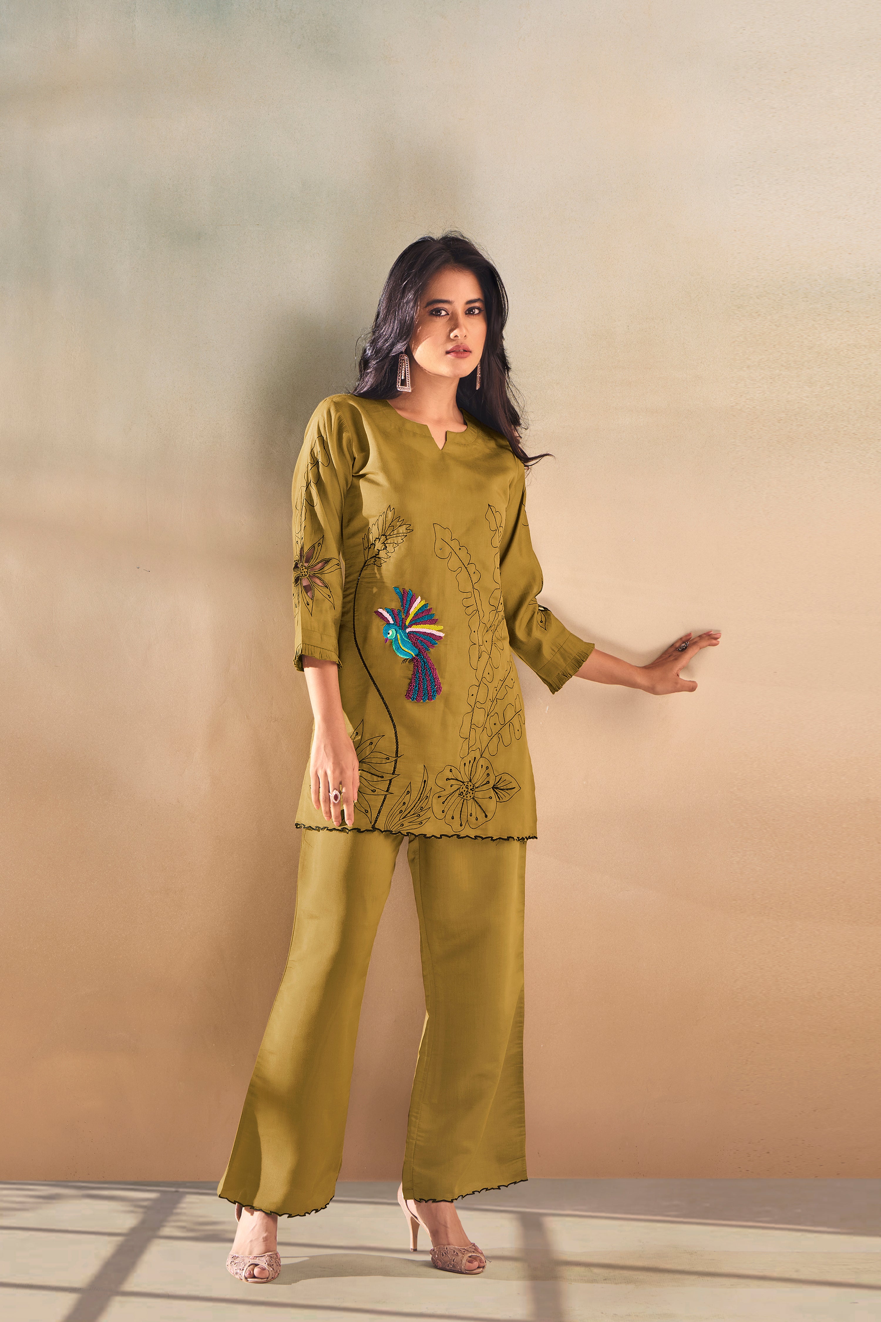 Mustard Green Embroidered Tunic Set With Cut Work - Kaftanize
