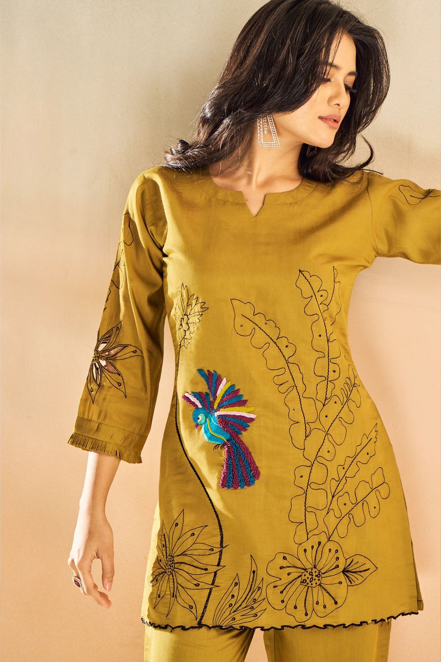 Mustard Green Embroidered Tunic Set With Cut Work