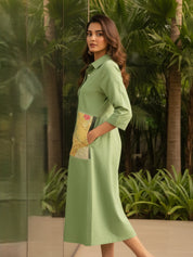 Pastel Green Shirt Dress with Printed Pocket Detail in Cotton