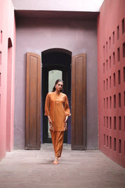 Rust Orange Embroidered Tunic With Straight Pant - Kaftanize