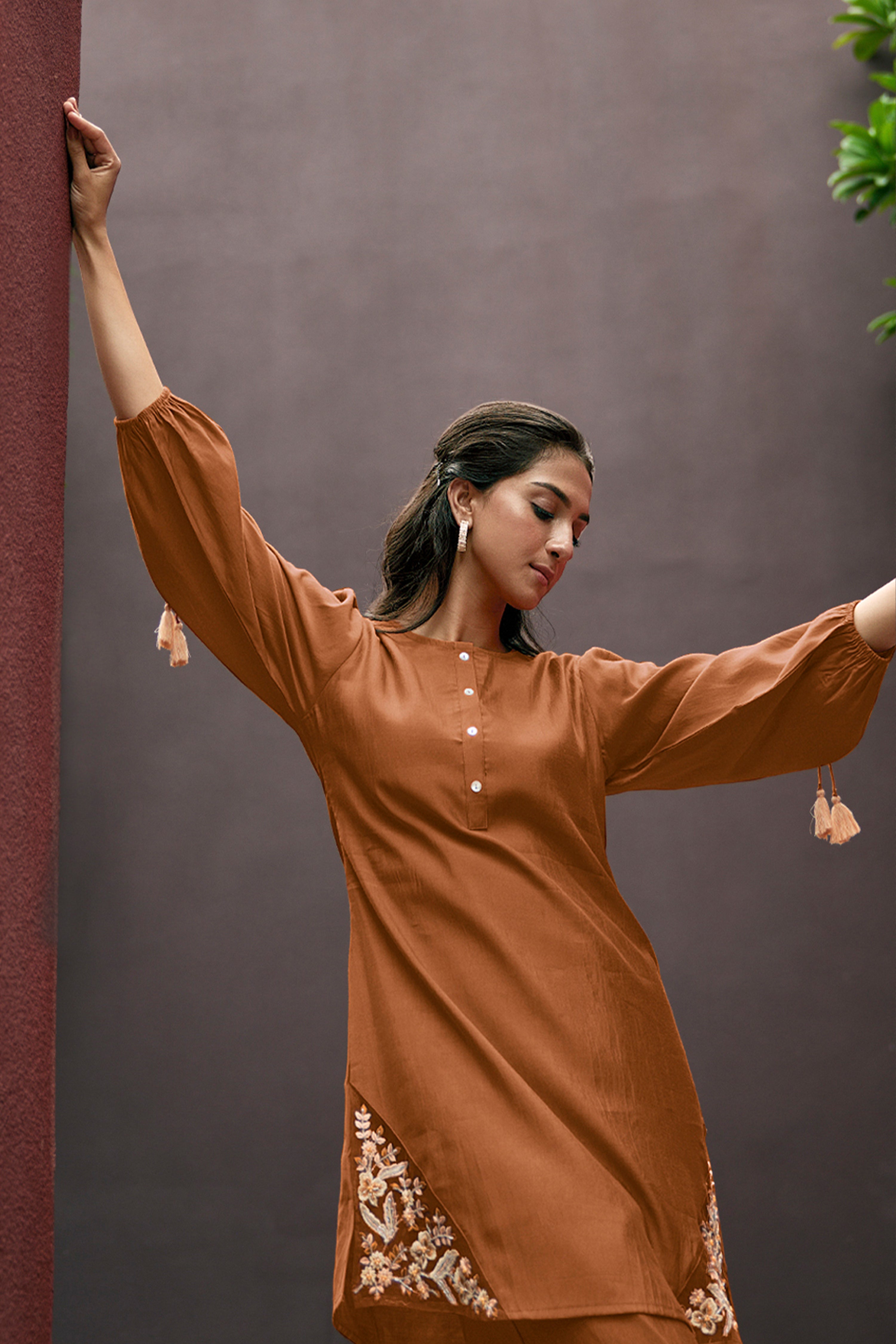 Rust Orange Embroidered Tunic With Straight Pant - Kaftanize