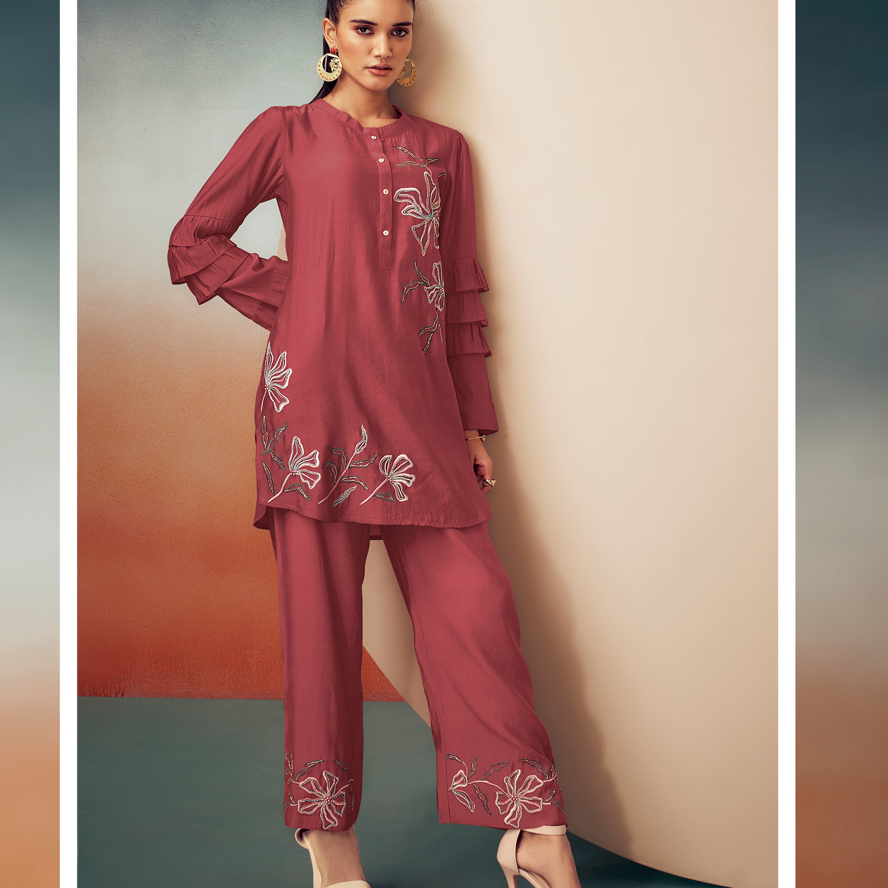Rusty Red Embroidered Tunic with Trouser Set - Kaftanize