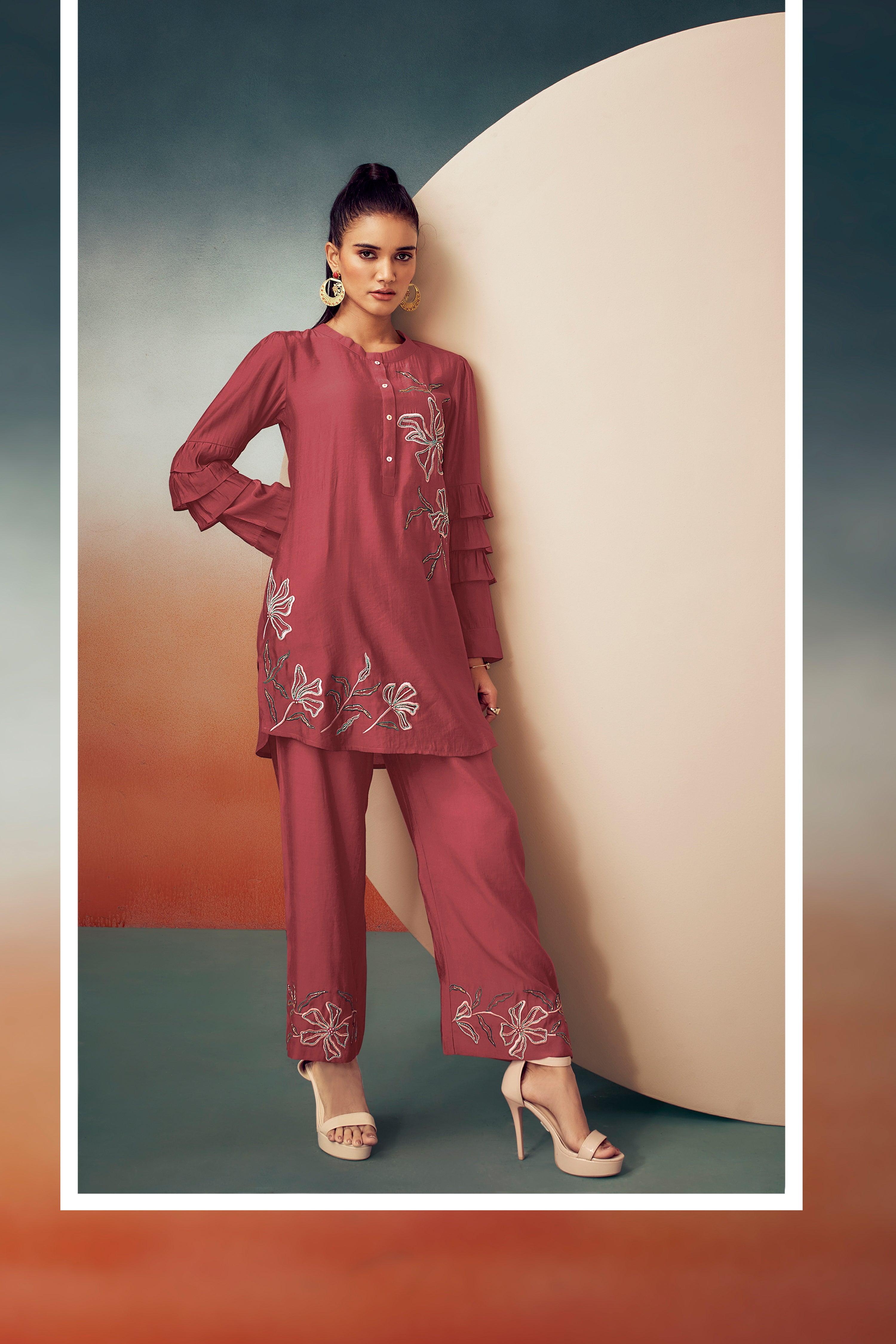 Rusty Red Embroidered Tunic with Trouser Set - Kaftanize