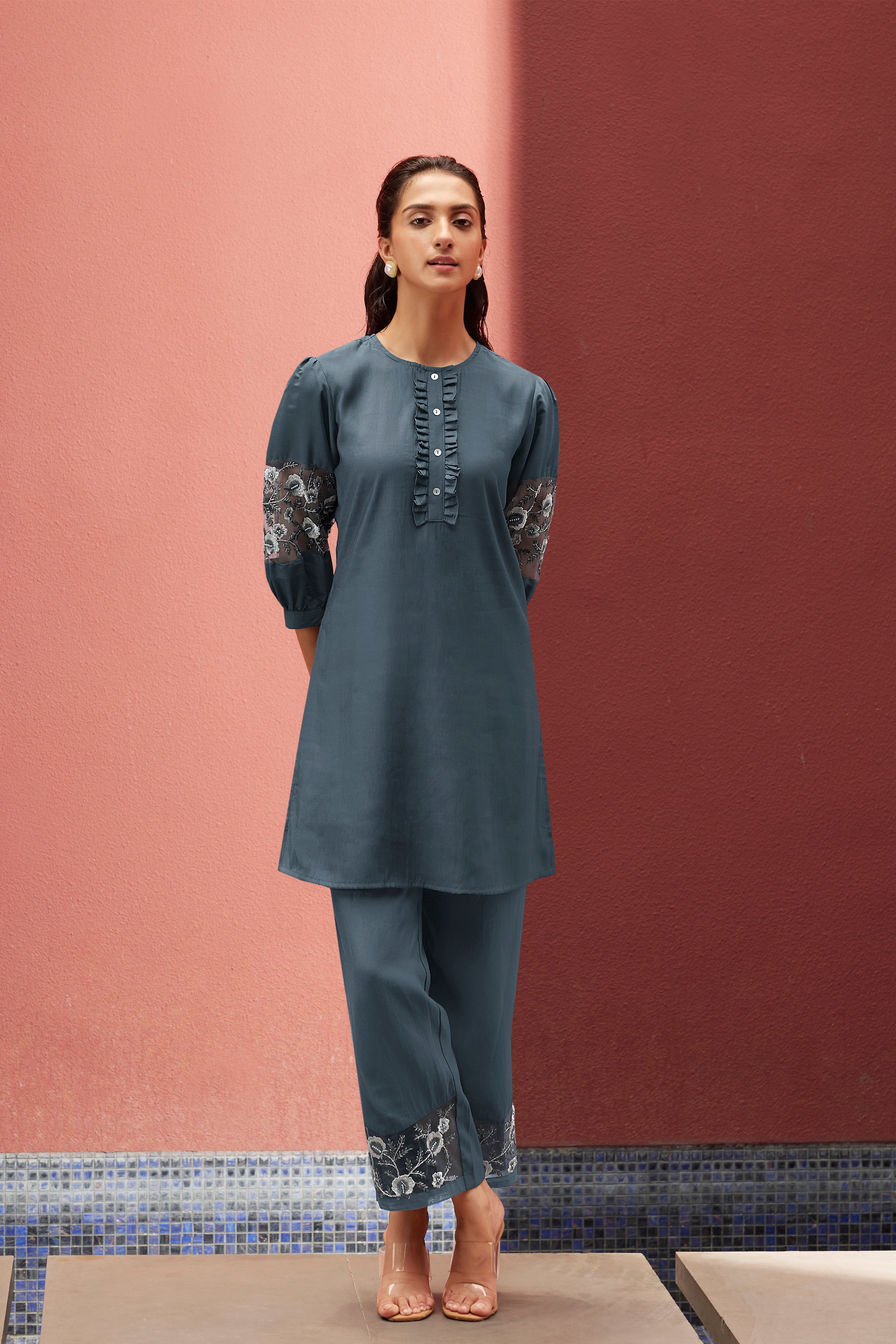 Blue-Grey Embroidered Tunic With Pant - Kaftanize