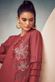 Rusty Red Embroidered Tunic with Trouser Set - Kaftanize