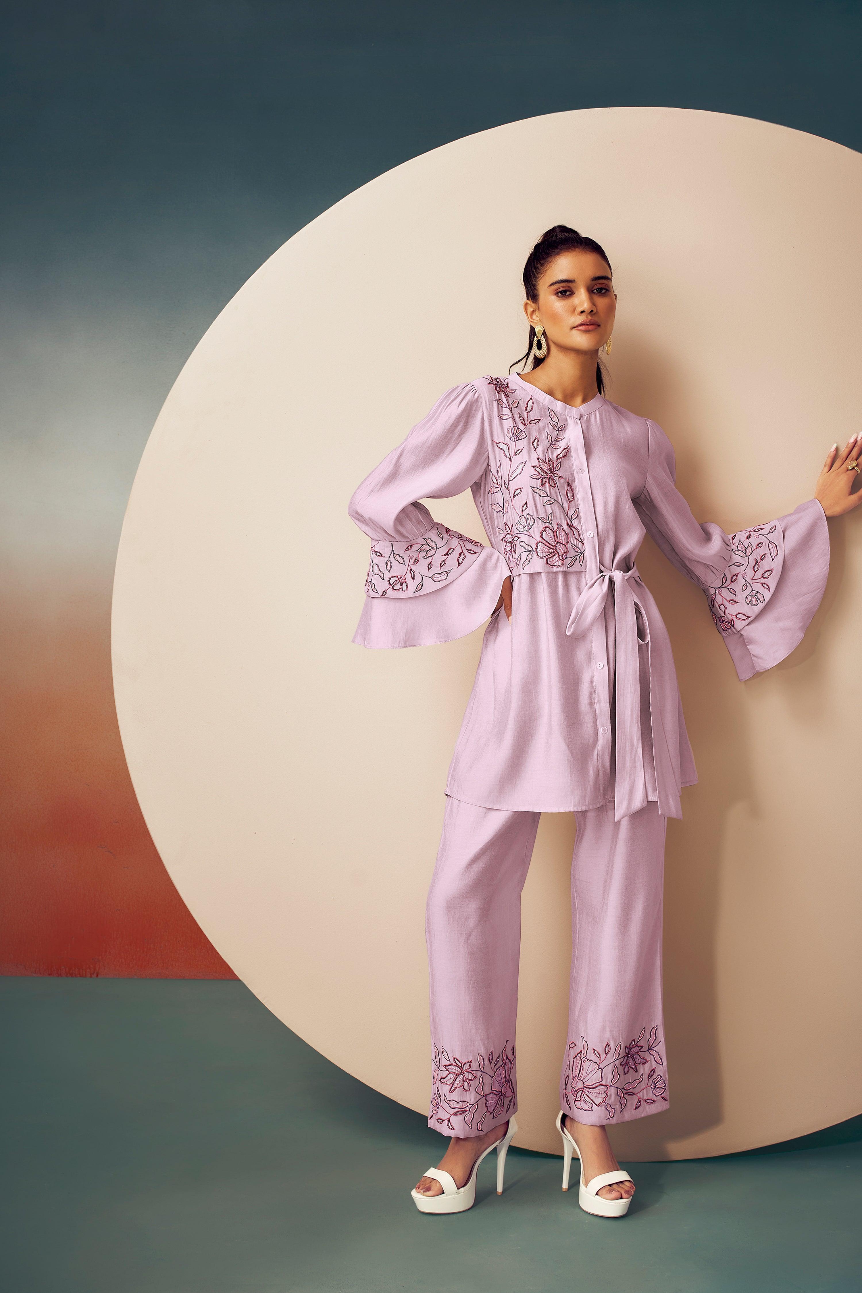 Lavender Pink Embroidered Tunic & Trouser Set With Belt - Kaftanize