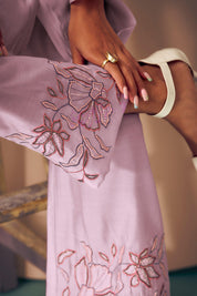 Lavender Pink Embroidered Tunic & Trouser Set With Belt - Kaftanize