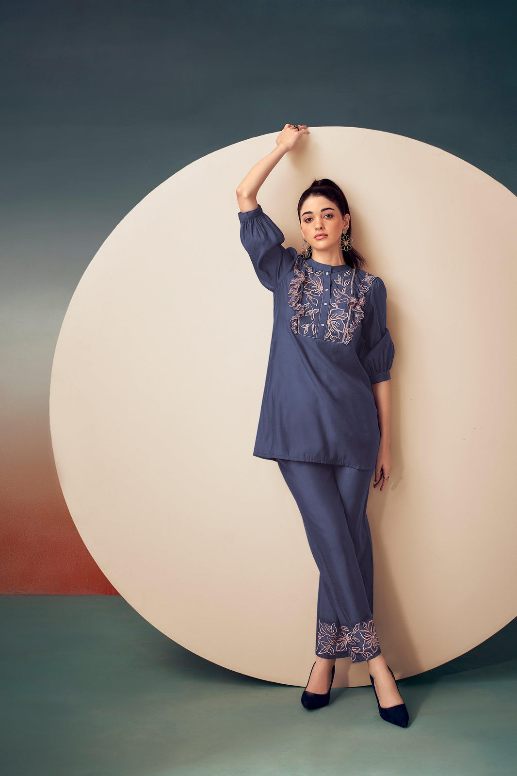 Women's Blue Premium Cotton Co-ord Set – Longline Tunic & Jogger-Style Trousers