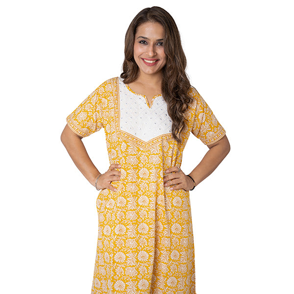 Yellow Colour Embroidered Maxi Nighty