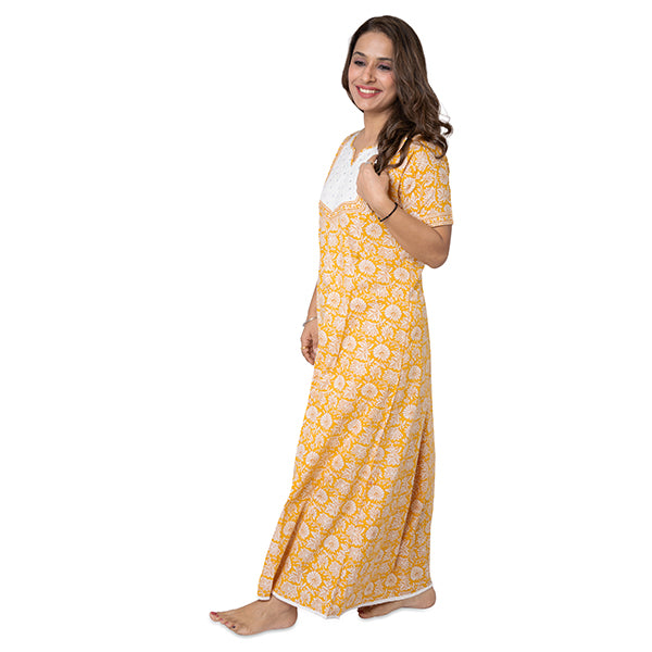Yellow Colour Embroidered Maxi Nighty