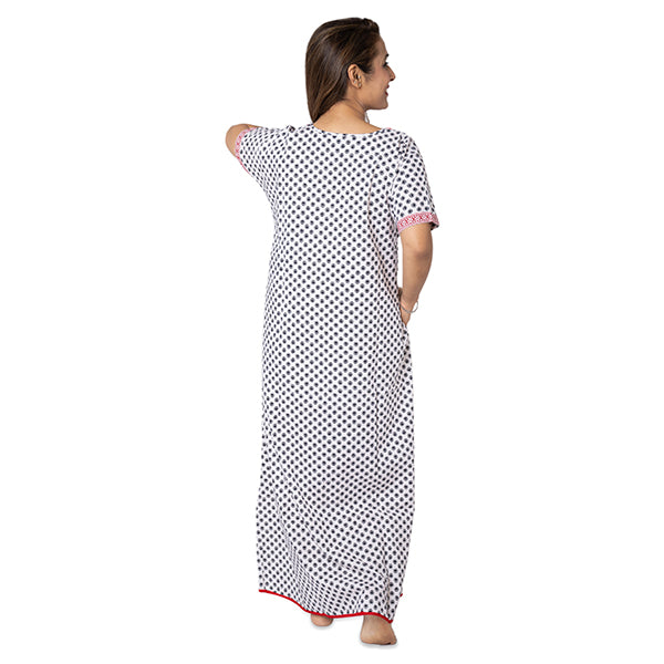 White Colour Printed & Embellished Maxi Nighty